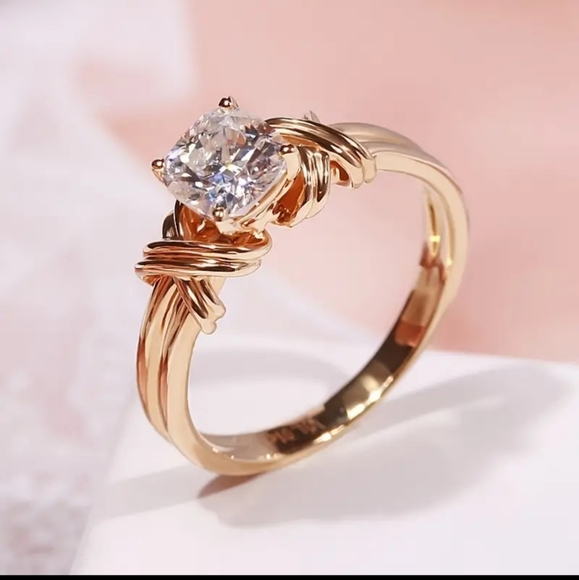 Handmade Jewelry - 14k Gold Plated Intertwined Ring with CZ Center Stone.